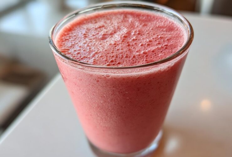 Close-up of a tall glass filled with a thick, pink Keto Strawberry Cheesecake Smoothie, showing a frothy top.