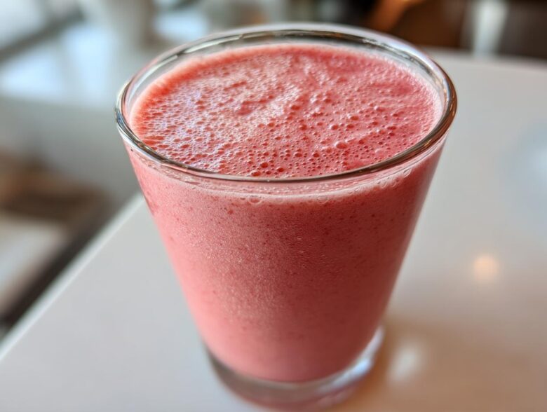 Close-up of a tall glass filled with a thick, pink Keto Strawberry Cheesecake Smoothie, showing a frothy top.