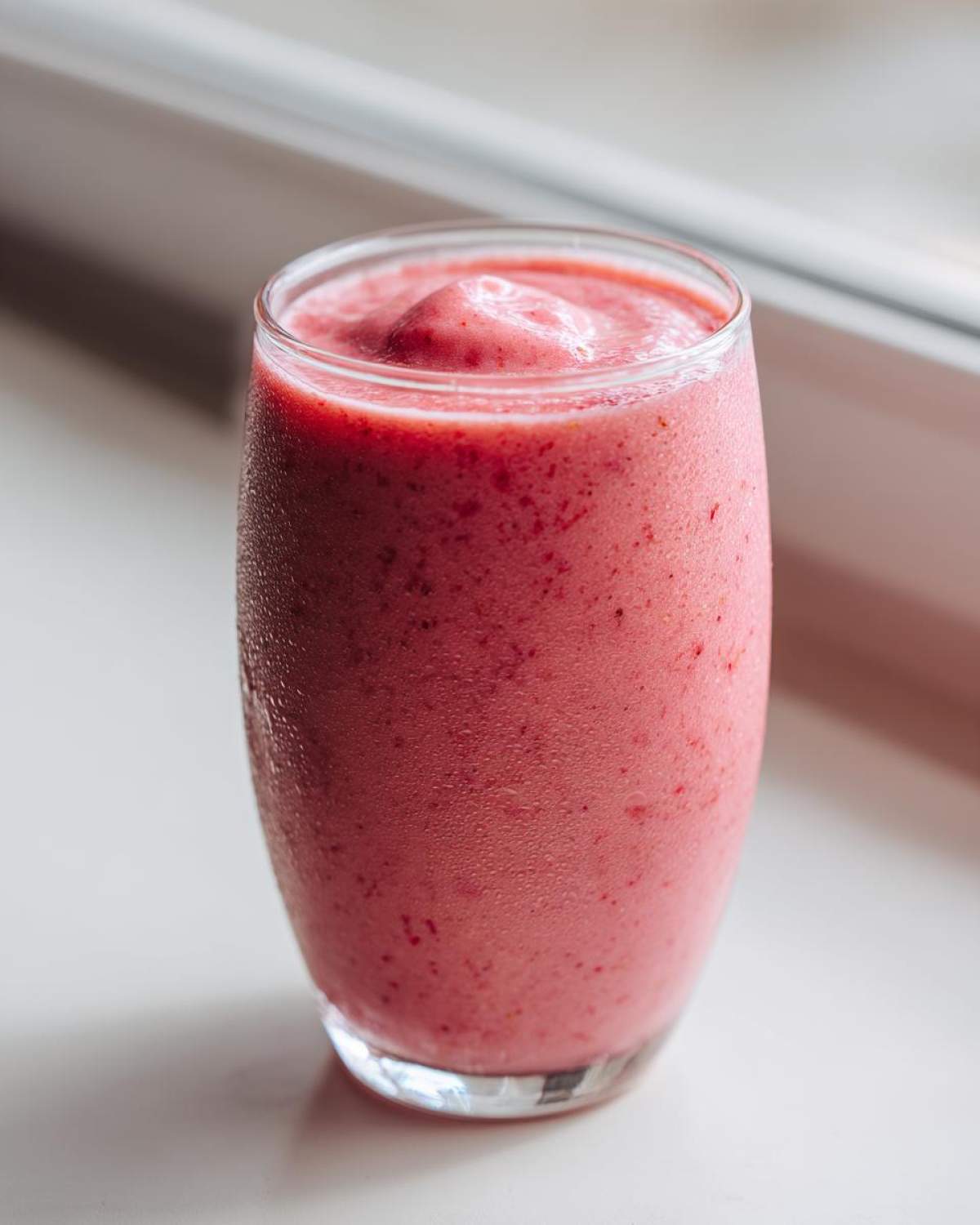 Close-up of a thick, pink Keto Strawberry Cheesecake Smoothie in a tall glass, showing condensation on the outside.