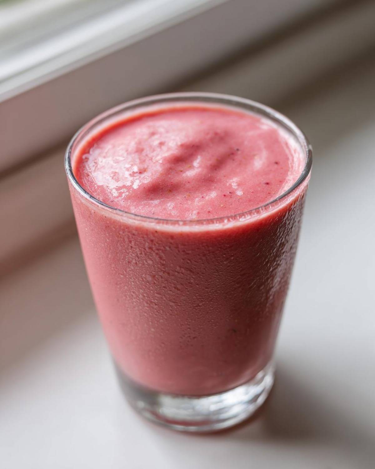 A tall glass filled with a thick, pink Keto Strawberry Cheesecake Smoothie sitting on a white surface near a window.