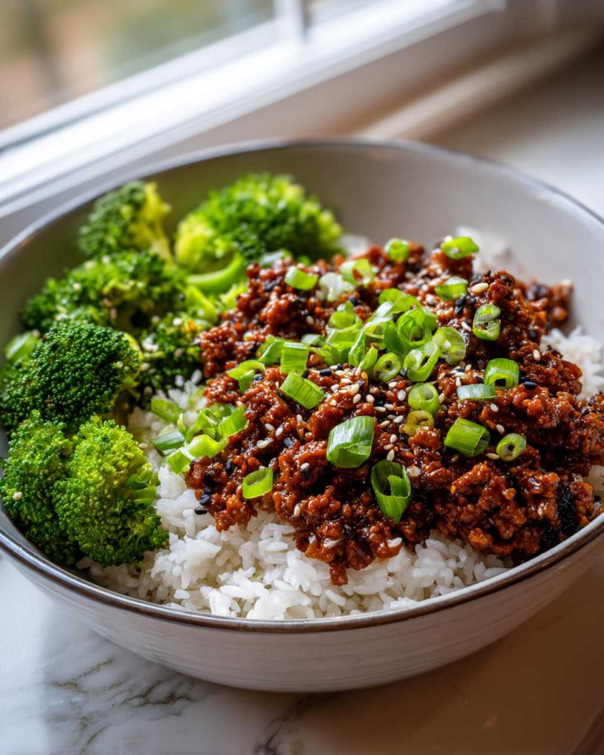 A close-up of Korean Ground Beef Bulgogi Bowls featuring seasoned ground beef over white rice, topped with green onions and sesame seeds, served with steamed broccoli.