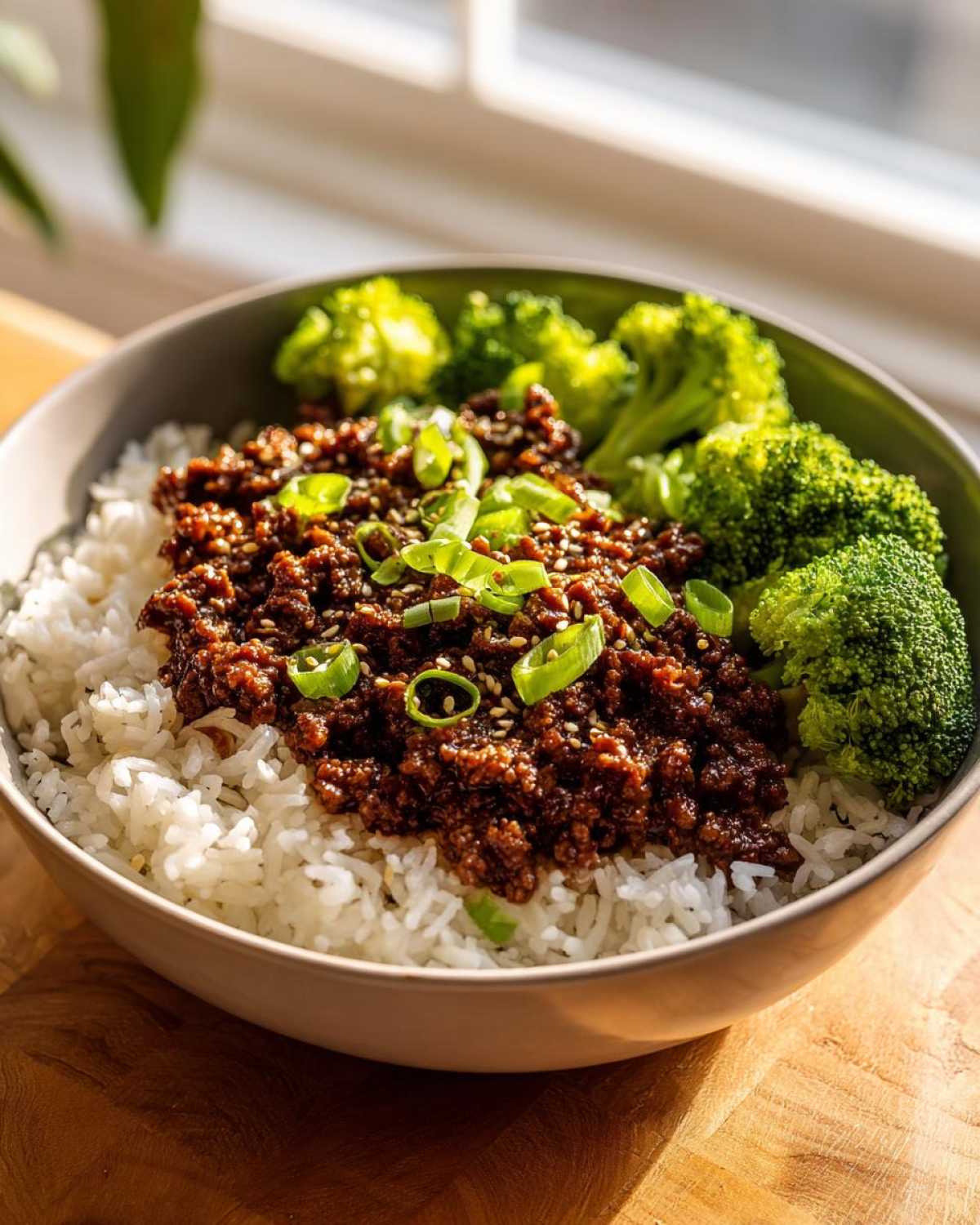 A bowl of Korean Ground Beef Bulgogi Bowls featuring savory ground beef over white rice, served with steamed broccoli and topped with green onions.