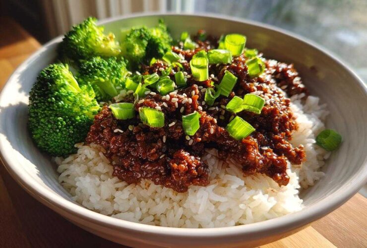 A close-up of Korean Ground Beef Bulgogi Bowls featuring saucy ground beef over white rice, topped with green onions and sesame seeds, served with steamed broccoli.