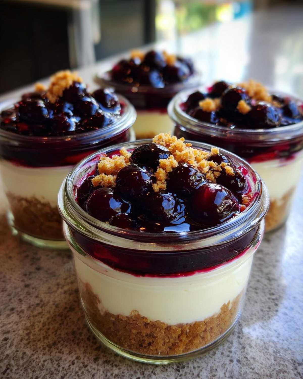 Close-up of individual Lemon Blueberry Cheesecake Jars with graham cracker crust, creamy filling, and blueberry topping.