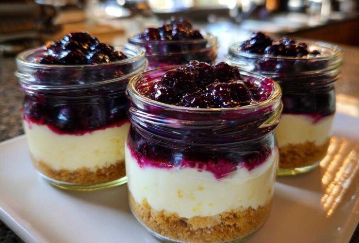 Three individual Lemon Blueberry Cheesecake Jars layered with graham cracker crust, creamy filling, and blueberry topping.