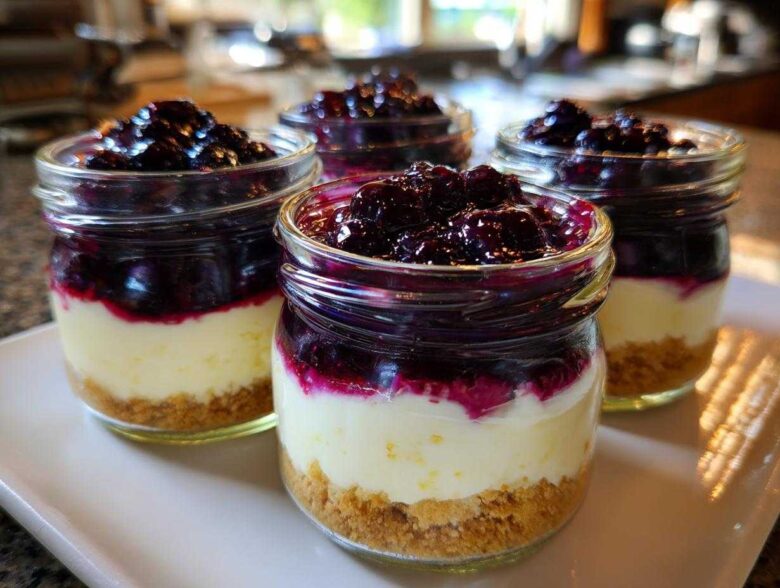 Three individual Lemon Blueberry Cheesecake Jars layered with graham cracker crust, creamy filling, and blueberry topping.