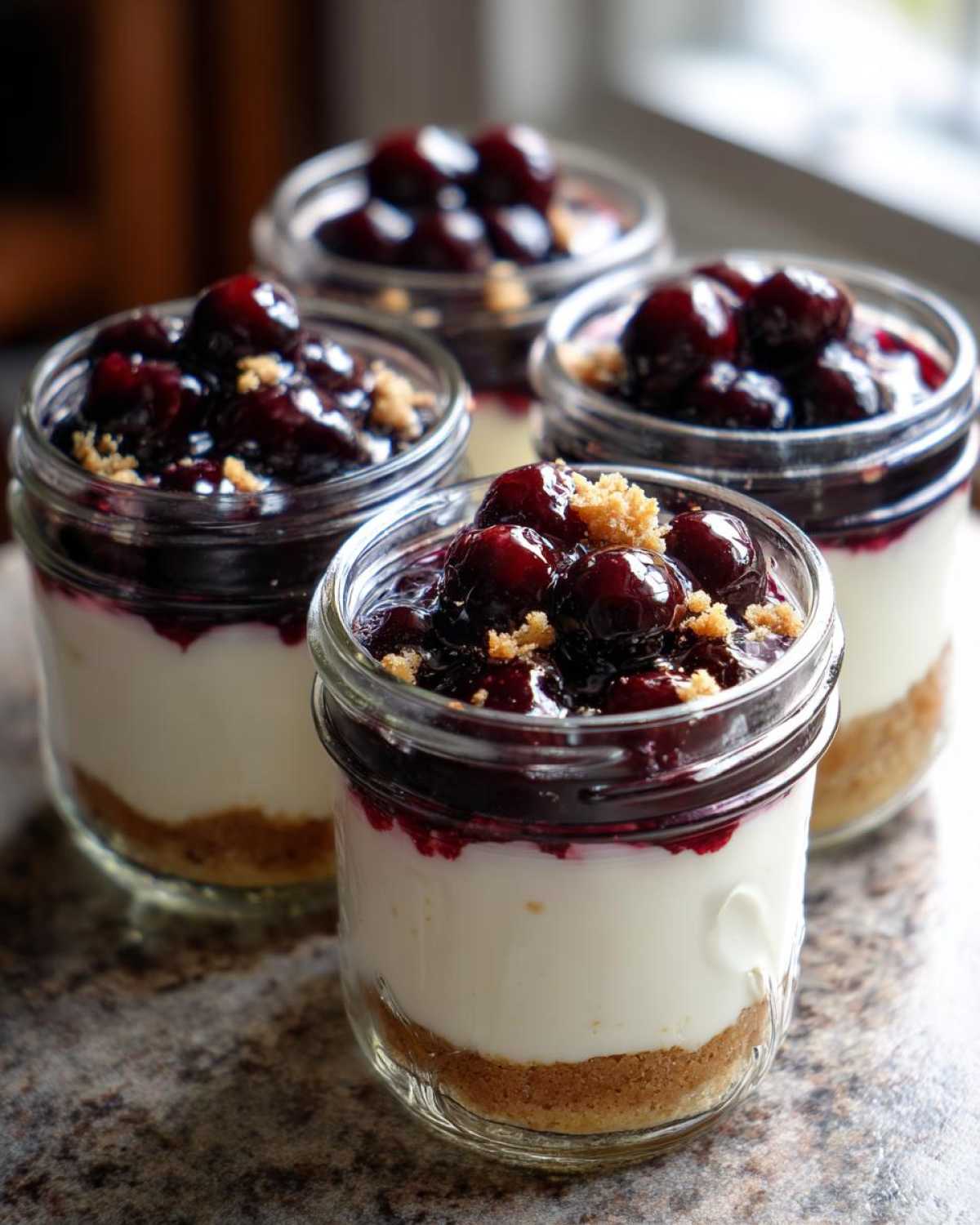Four individual Lemon Blueberry Cheesecake Jars showing graham cracker crust, creamy filling, and blueberry topping.