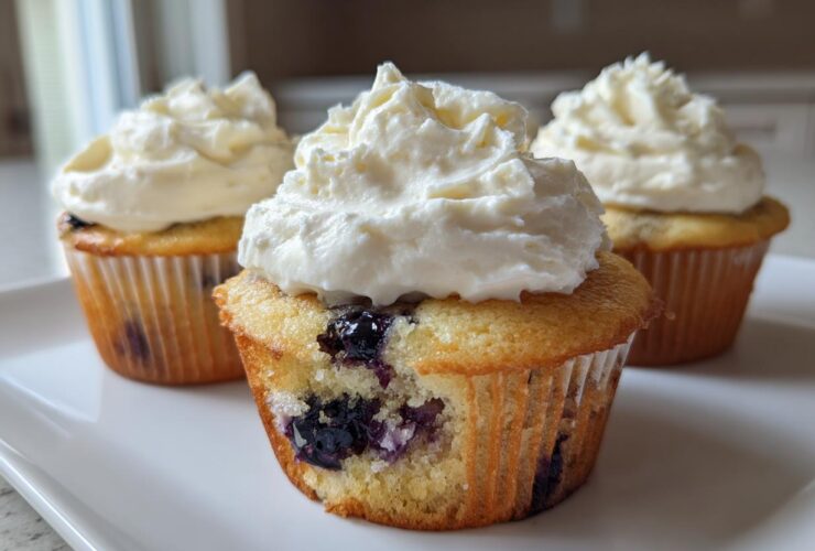 Three Lemon Blueberry Cupcakes with thick swirls of cream cheese frosting on a white plate.