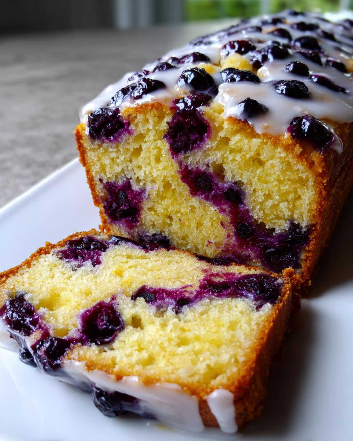 Close-up of a moist Lemon Blueberry Yogurt Loaf, sliced to show blueberries and drizzled with white glaze.