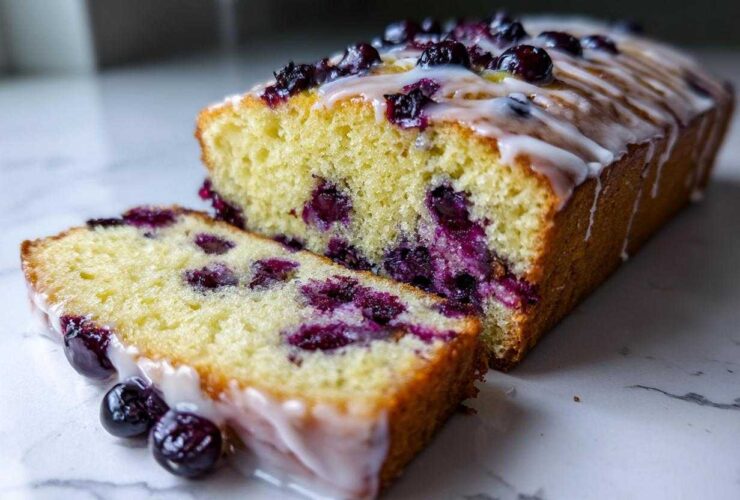 A slice cut from a moist Lemon Blueberry Yogurt Loaf topped with a white glaze and fresh blueberries.