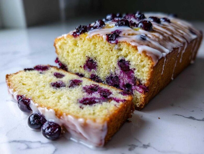 A slice cut from a moist Lemon Blueberry Yogurt Loaf topped with a white glaze and fresh blueberries.