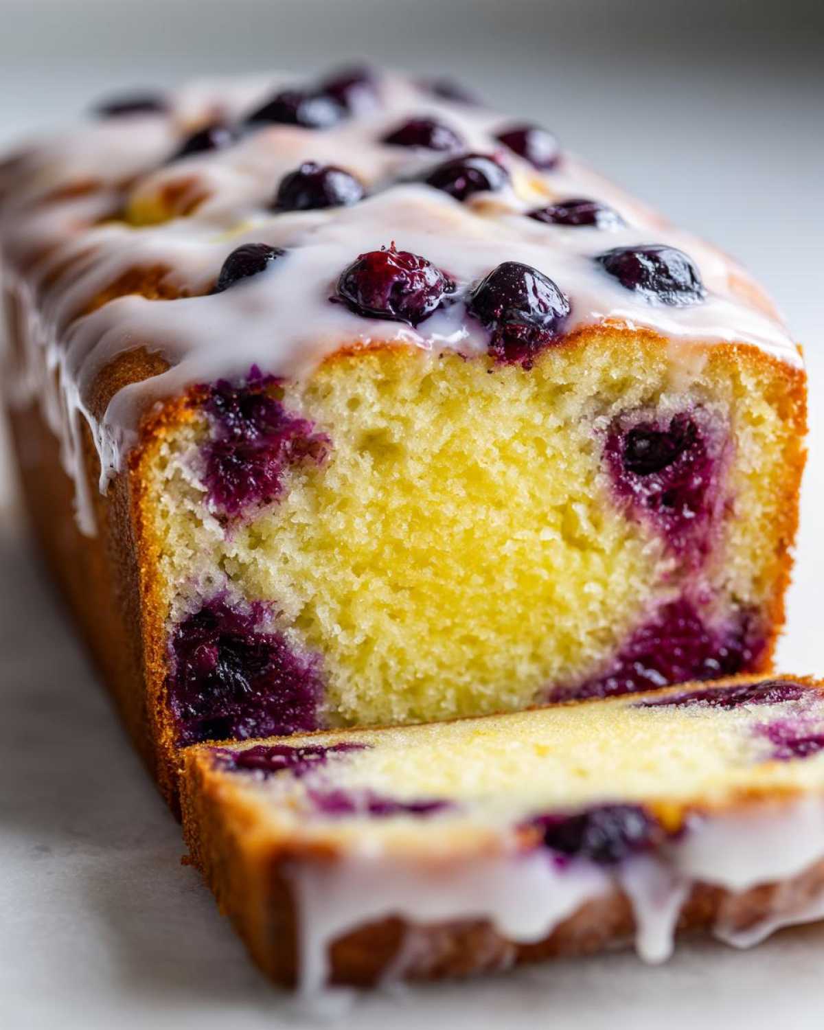 Close-up of a moist Lemon Blueberry Yogurt Loaf, sliced to show the yellow crumb and blueberries, topped with white glaze.