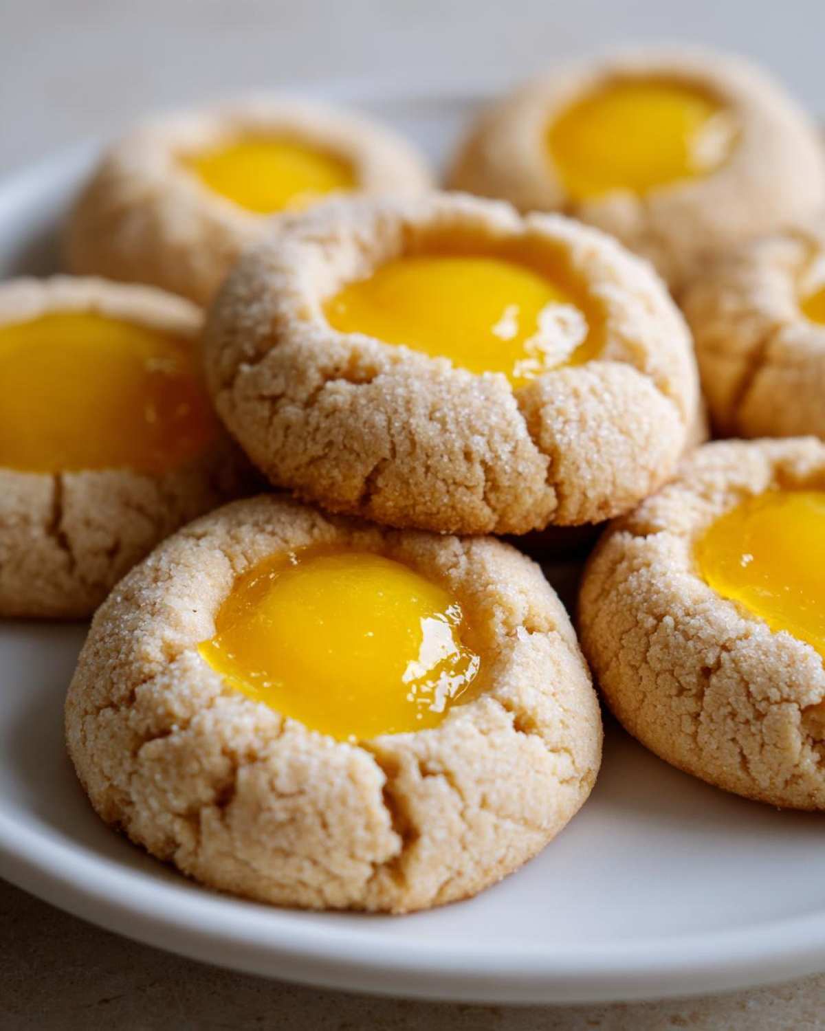 A close-up shot of several delicious Lemon Curd Thumbprint Cookies piled on a white plate.