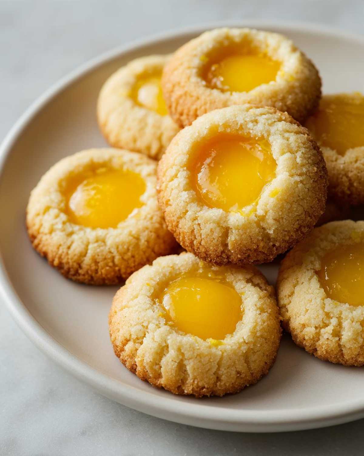 A close-up stack of golden baked Lemon Curd Thumbprint Cookies filled with bright yellow lemon curd.