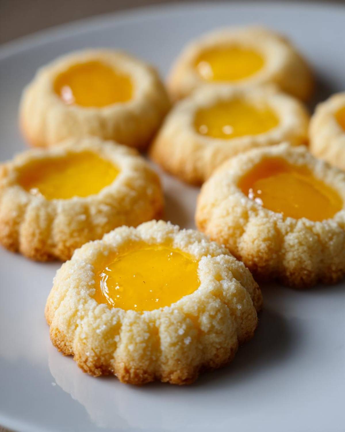 Close-up of several bright Lemon Curd Thumbprint Cookies with bright yellow filling resting on a white plate.