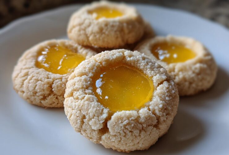 Four delicious Lemon Curd Thumbprint Cookies with bright yellow filling resting on a white plate.