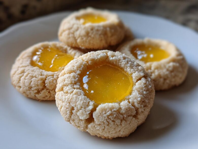 Four delicious Lemon Curd Thumbprint Cookies with bright yellow filling resting on a white plate.