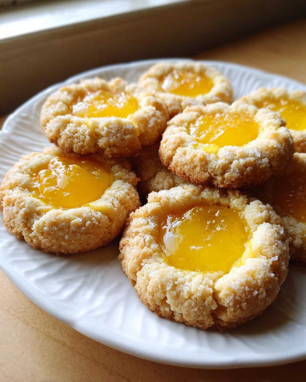 A close-up of several golden Lemon Curd Thumbprint Cookies piled on a white, textured plate.
