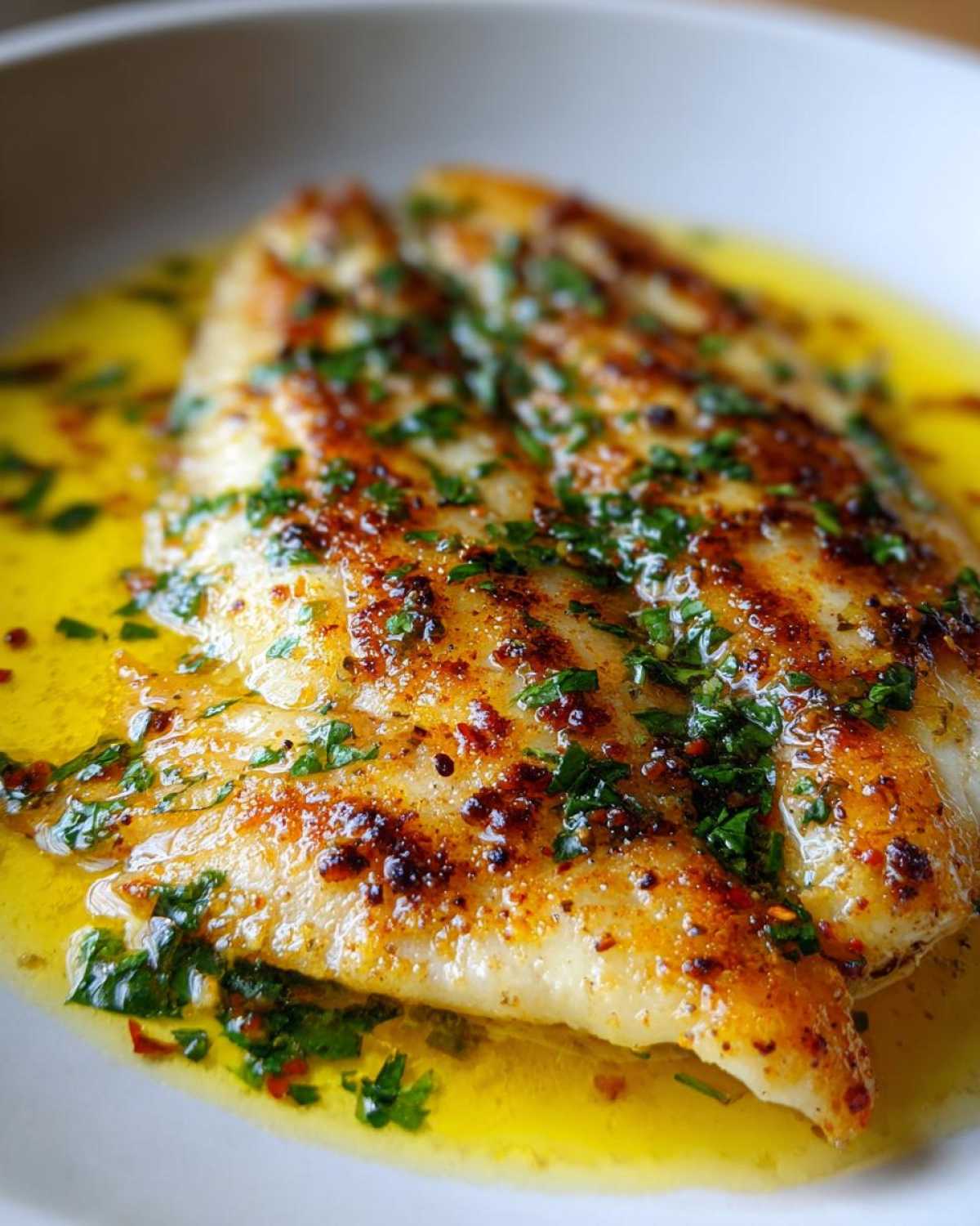 Close-up of a pan-seared Lemon Garlic Butter Tilapia fillet swimming in rich, bright yellow butter sauce and topped with fresh parsley.