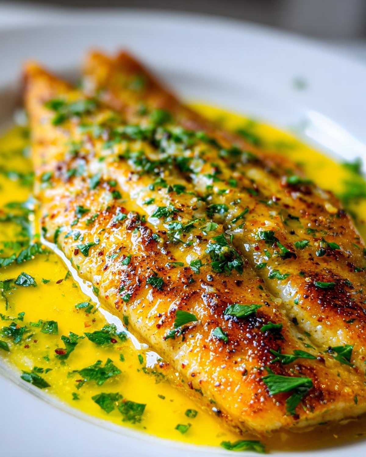 Close-up of a perfectly seared Lemon Garlic Butter Tilapia fillet swimming in bright yellow sauce and topped with fresh parsley.