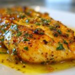 Close-up of a golden-brown Lemon Garlic Butter Tilapia fillet swimming in rich, herbed butter sauce.