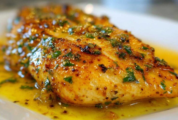 Close-up of a golden-brown Lemon Garlic Butter Tilapia fillet swimming in rich, herbed butter sauce.