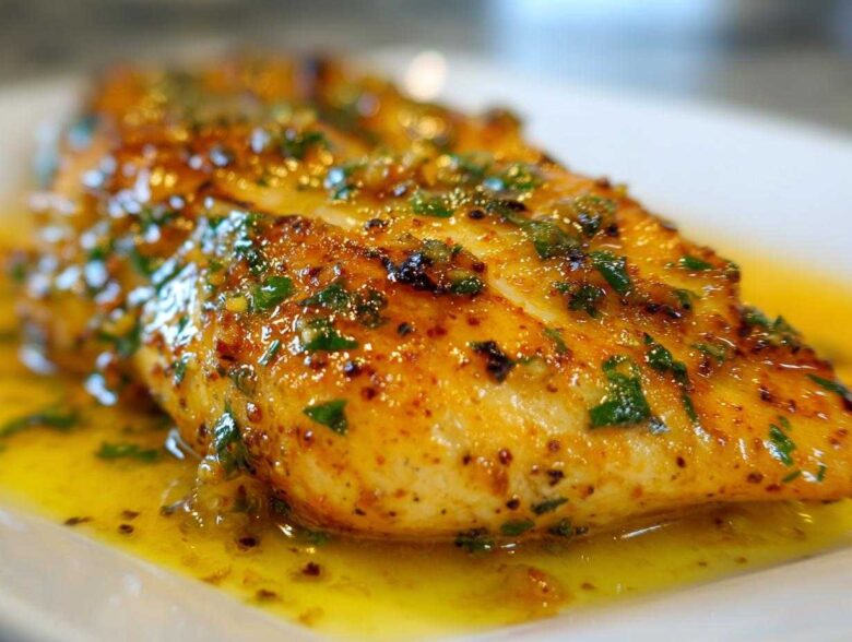Close-up of a golden-brown Lemon Garlic Butter Tilapia fillet swimming in rich, herbed butter sauce.