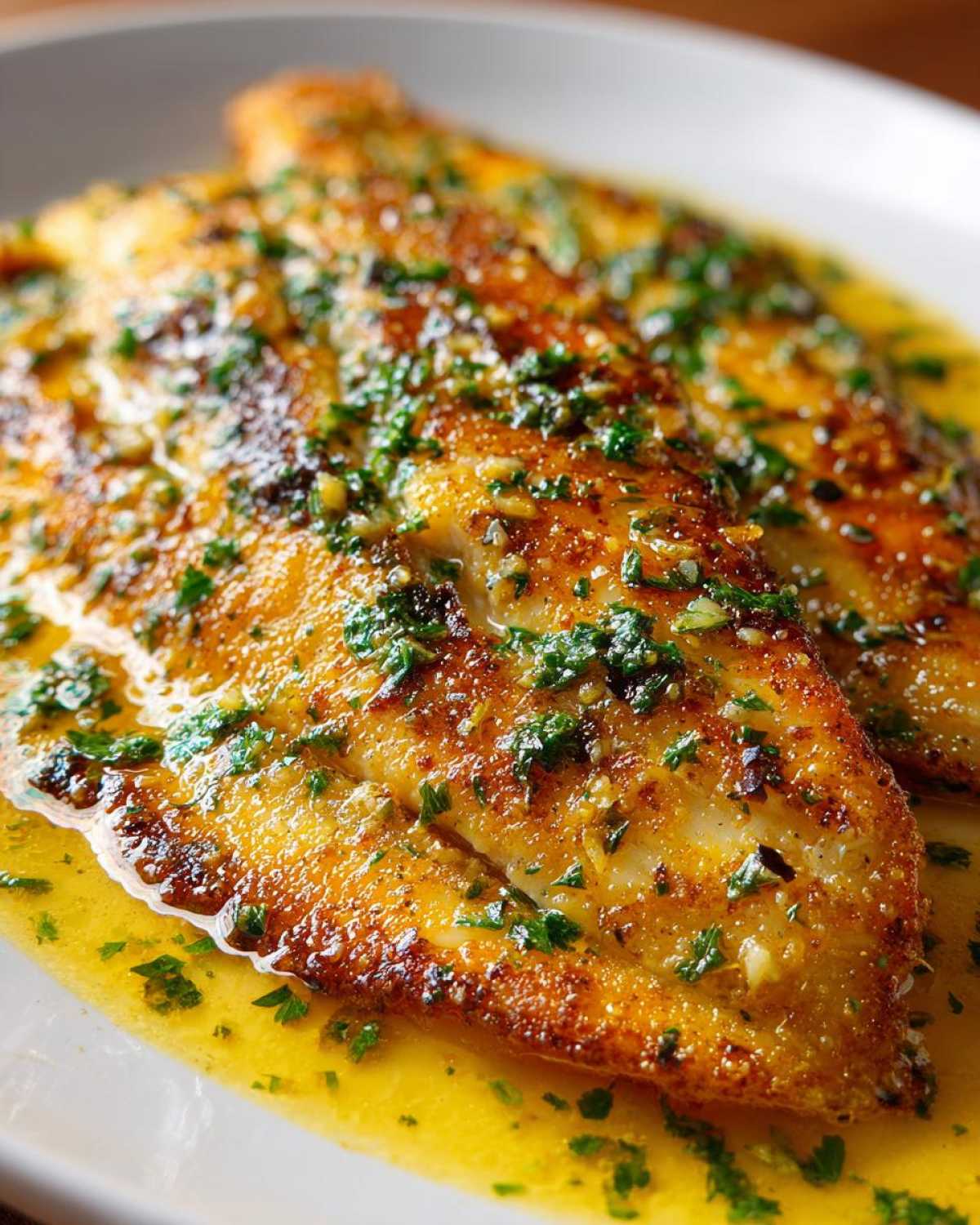 Close-up of two golden-brown Lemon Garlic Butter Tilapia fillets swimming in rich, buttery sauce topped with fresh parsley.