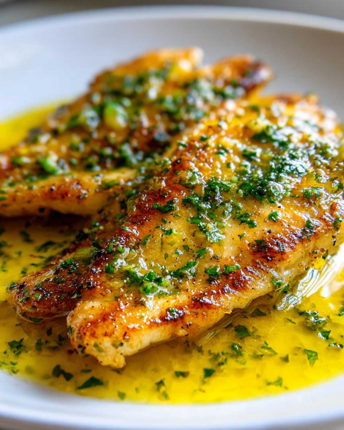 Close-up of two seared Lemon Garlic Butter Tilapia fillets swimming in bright yellow butter sauce topped with chopped green herbs.