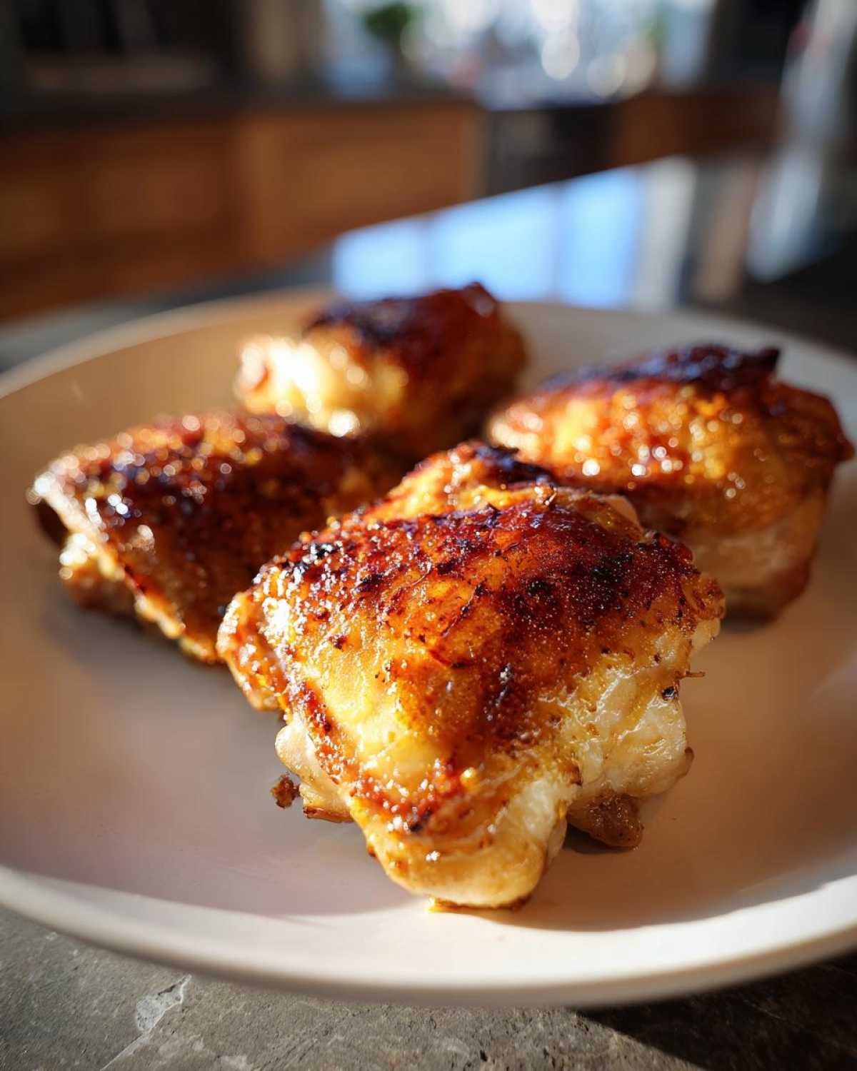 Close-up of four crispy, golden-brown Lemon Garlic Roasted Chicken Thighs on a white plate.