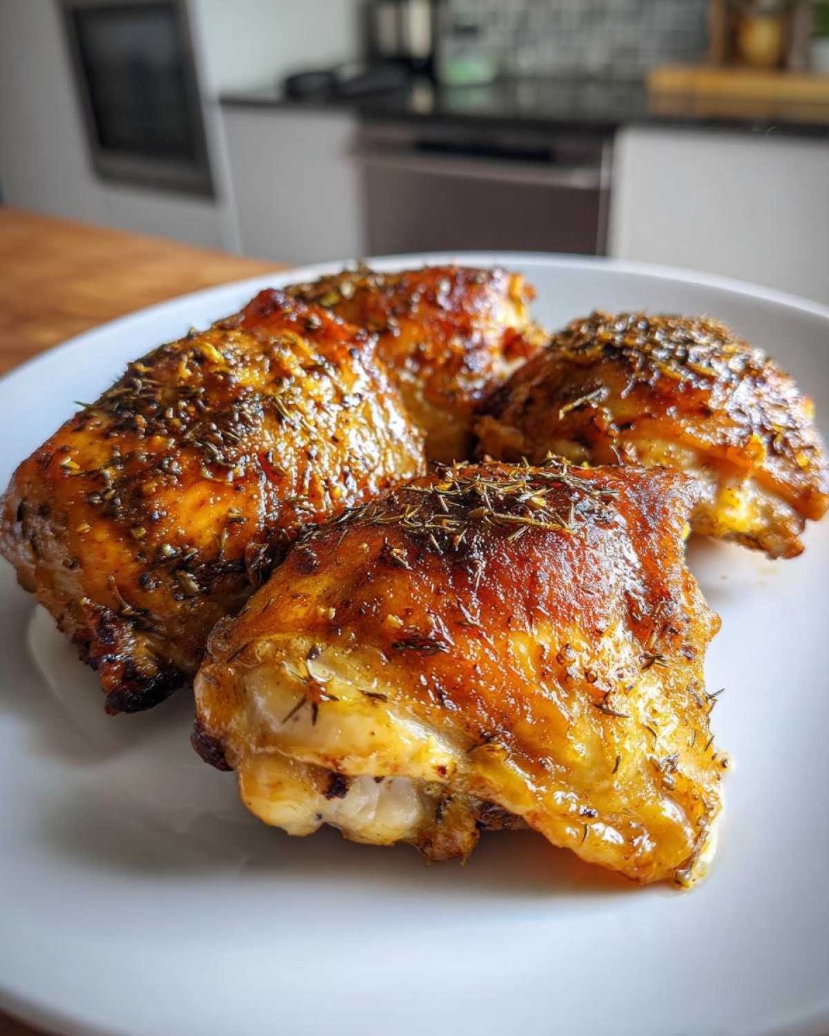 Three pieces of crispy, golden-brown Lemon Garlic Roasted Chicken Thighs seasoned with herbs, served on a white plate.