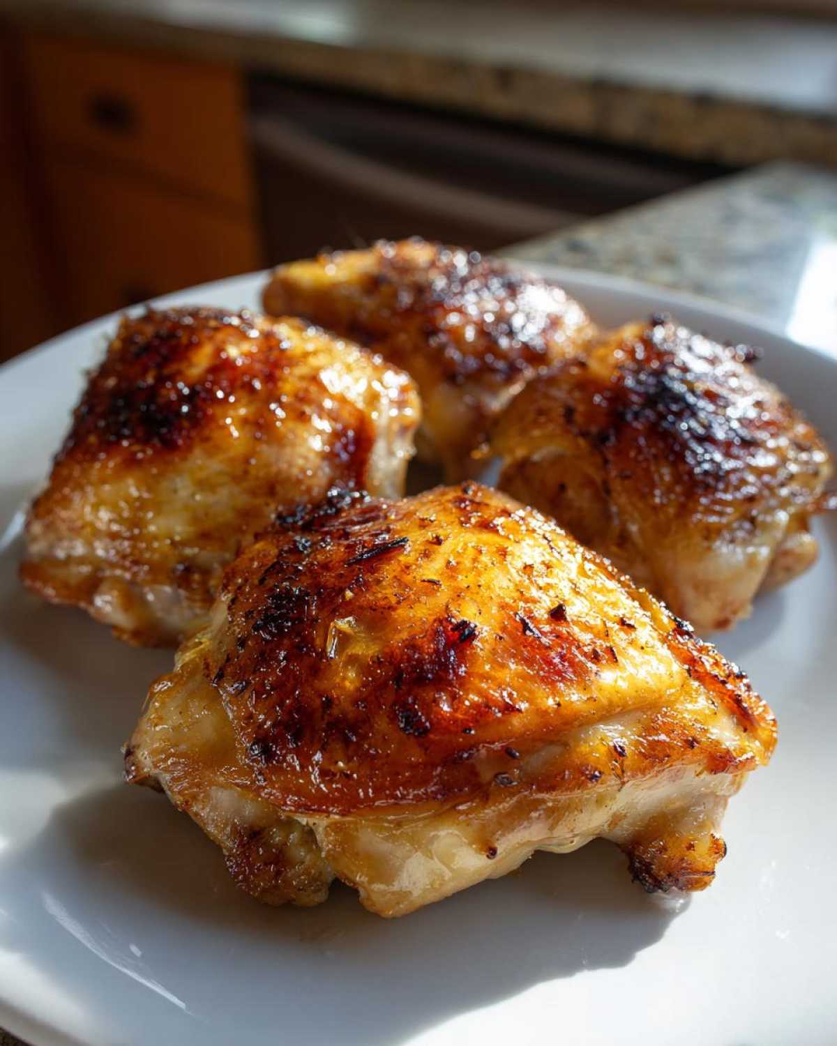 Four perfectly roasted Lemon Garlic Roasted Chicken Thighs with crispy, browned skin on a white plate.