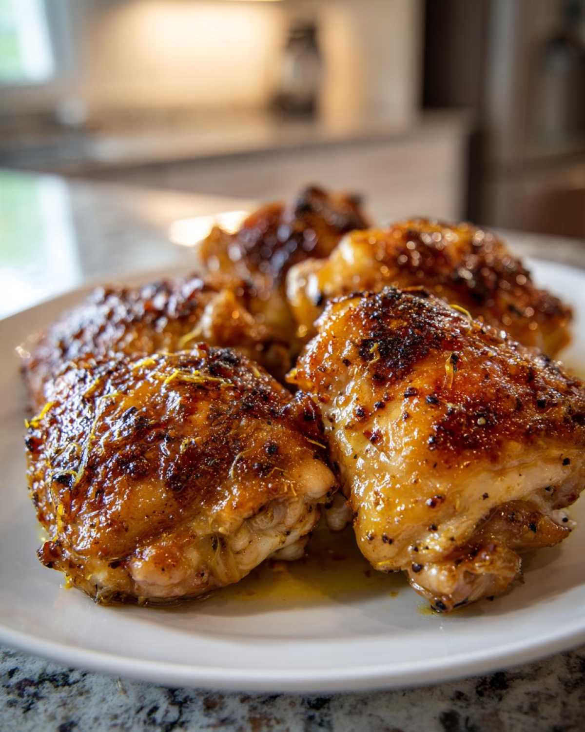 Close-up of four crispy, glazed Lemon Garlic Roasted Chicken Thighs served on a white plate.