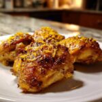 Four perfectly roasted Lemon Garlic Roasted Chicken Thighs topped with bright orange zest on a white plate.