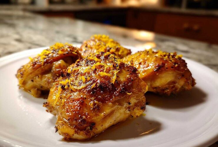 Four perfectly roasted Lemon Garlic Roasted Chicken Thighs topped with bright orange zest on a white plate.