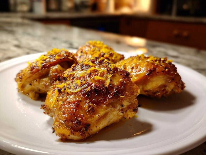 Four perfectly roasted Lemon Garlic Roasted Chicken Thighs topped with bright orange zest on a white plate.