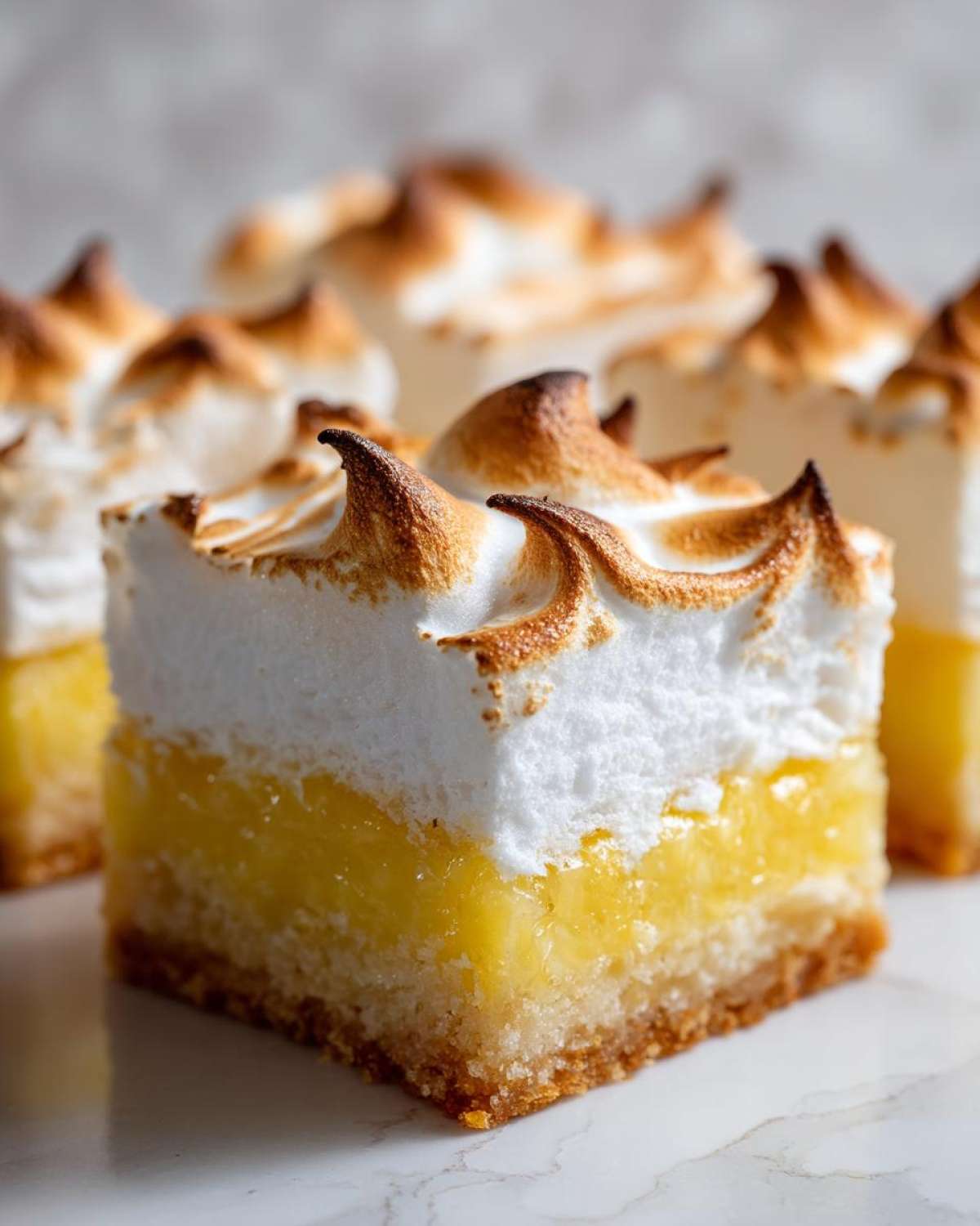 A close-up of a square Lemon Meringue Pie Bars showing a shortbread crust, bright yellow lemon filling, and fluffy, torched meringue topping.