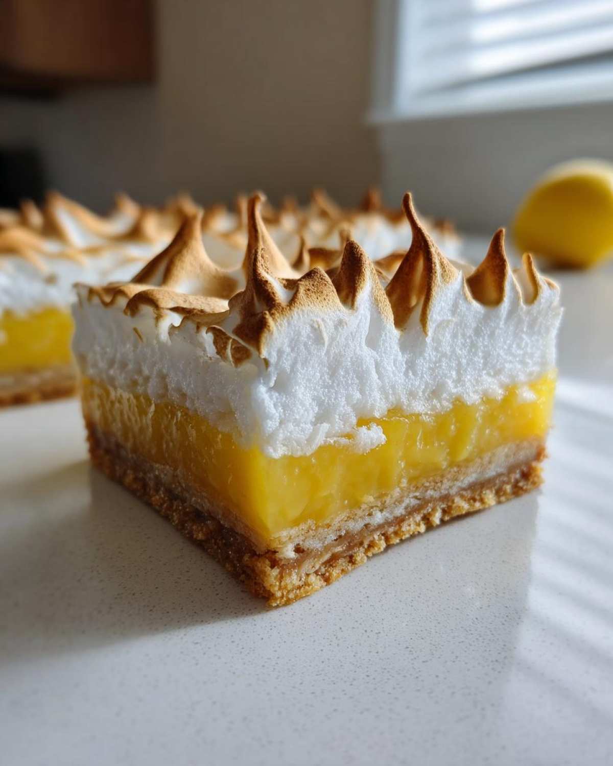 A close-up shot of a single serving of Lemon Meringue Pie Bars showing the crust, bright yellow curd, and peaked, torched meringue topping.