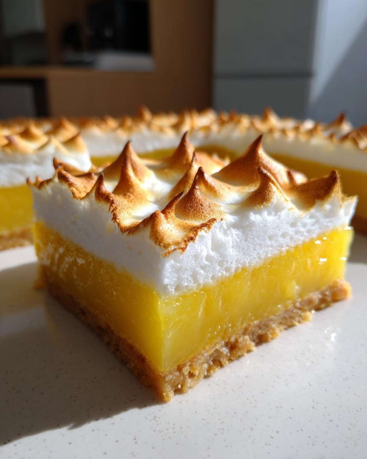 A close-up, cross-section view of a square Lemon Meringue Pie Bars slice showing the graham cracker crust, bright yellow lemon filling, and toasted meringue topping.