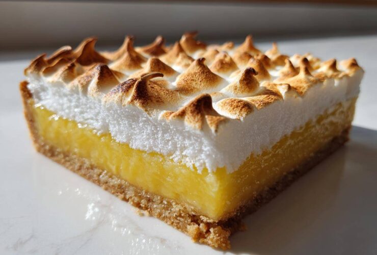 Close-up of a single square Lemon Meringue Pie Bars showing graham cracker crust, bright yellow lemon filling, and toasted meringue peaks.