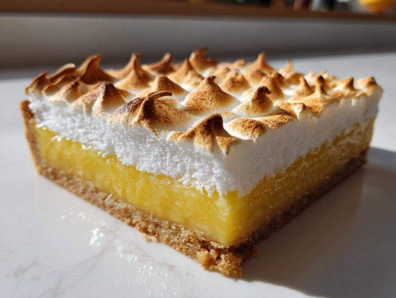Close-up of a single square Lemon Meringue Pie Bars showing graham cracker crust, bright yellow lemon filling, and toasted meringue peaks.