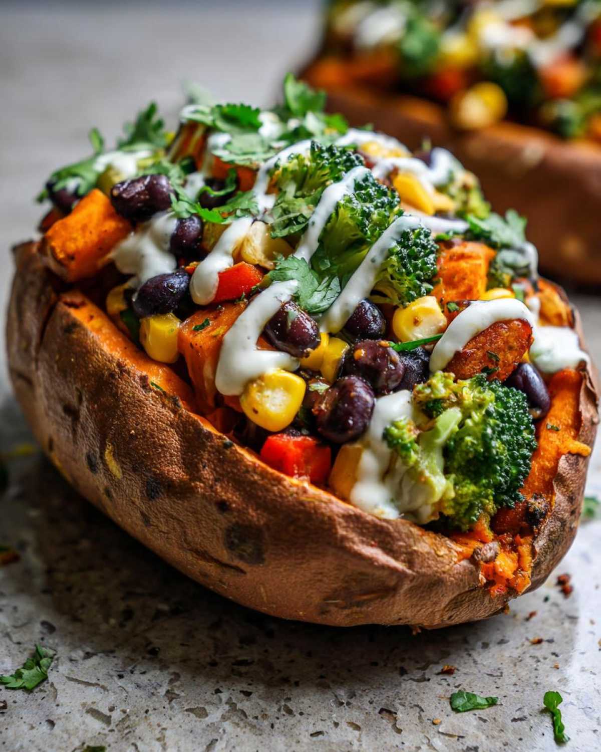 Close-up of a Loaded Veggie Stuffed Sweet Potatoes overflowing with black beans, corn, broccoli, and drizzled with a white sauce.