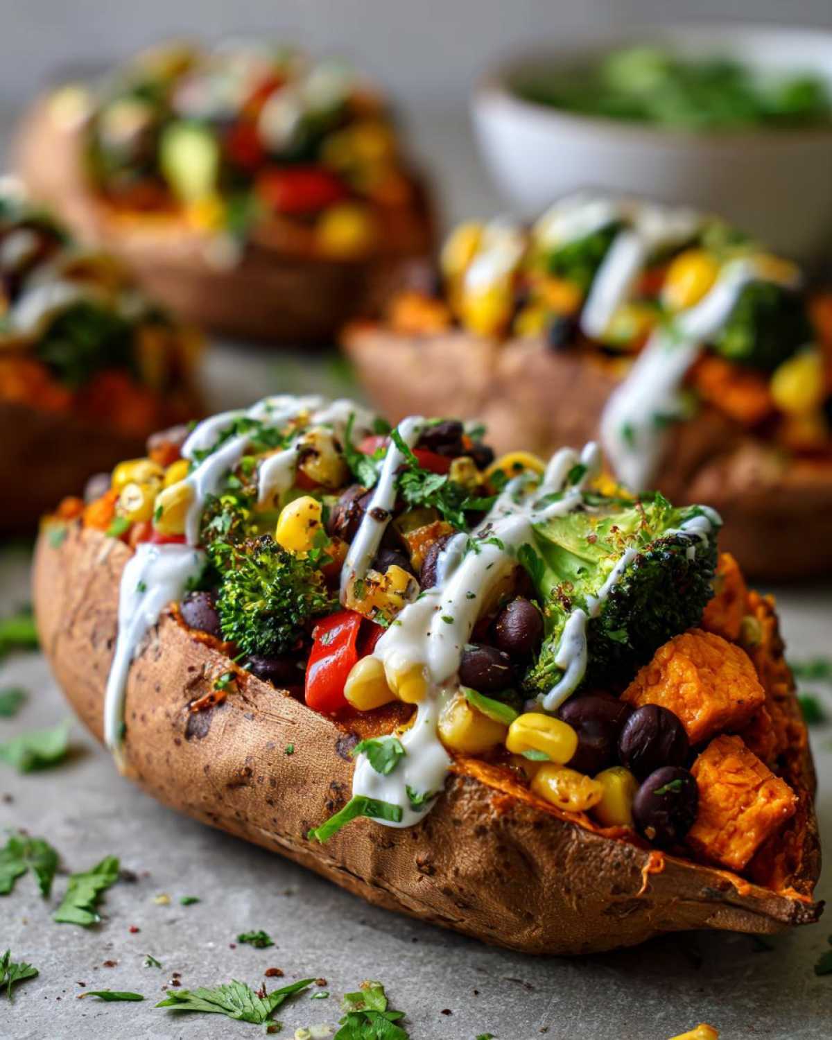 Close-up of a Loaded Veggie Stuffed Sweet Potato topped with corn, black beans, broccoli, and a white sauce.