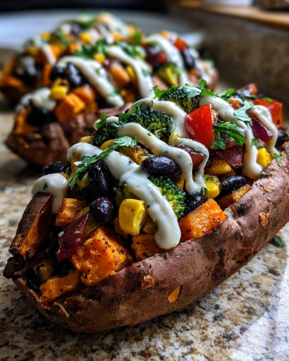 Close-up of a Loaded Veggie Stuffed Sweet Potato topped with black beans, corn, broccoli, and a creamy white sauce.
