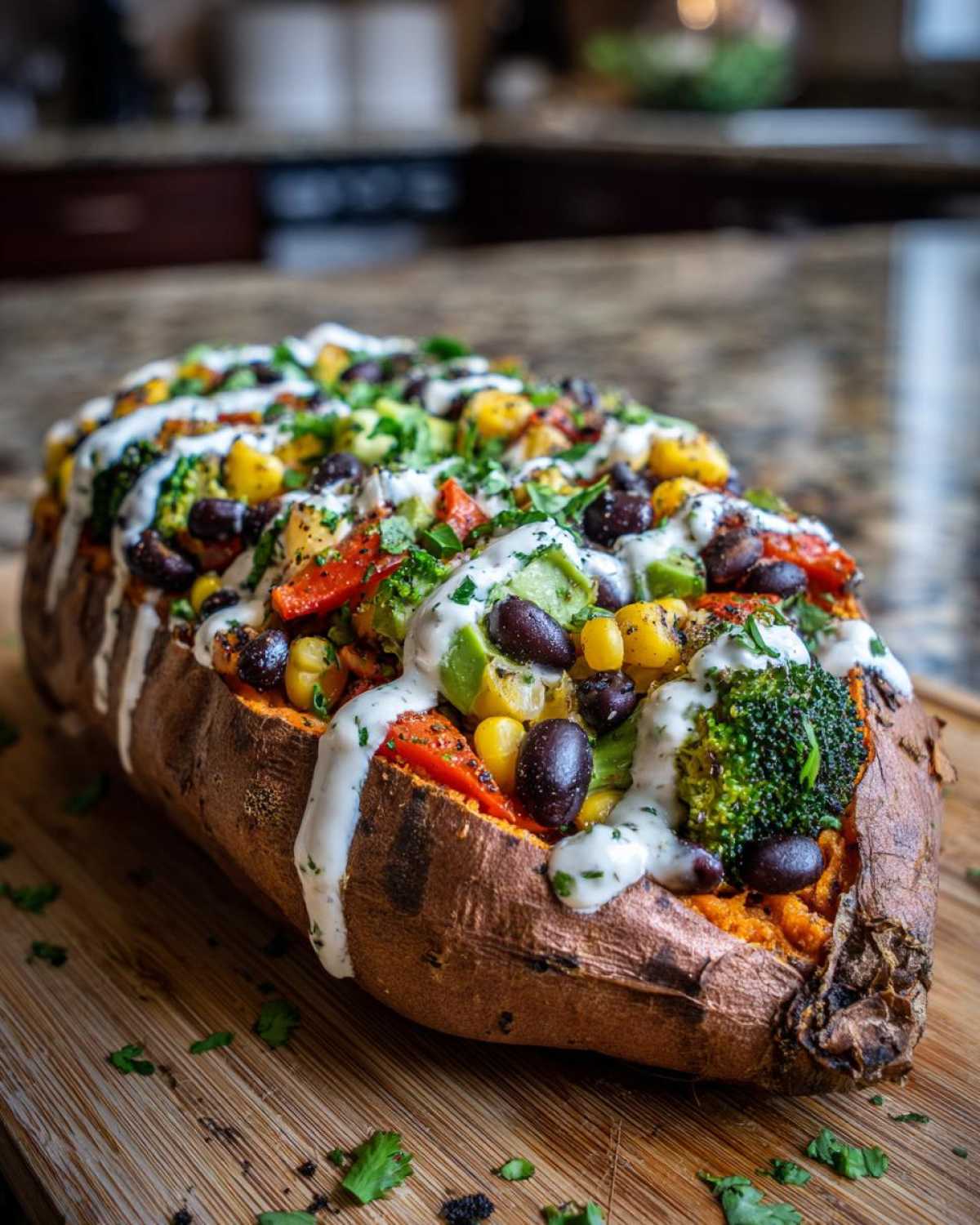 A fully loaded veggie stuffed sweet potato topped with black beans, corn, broccoli, avocado, and a white drizzle sauce.