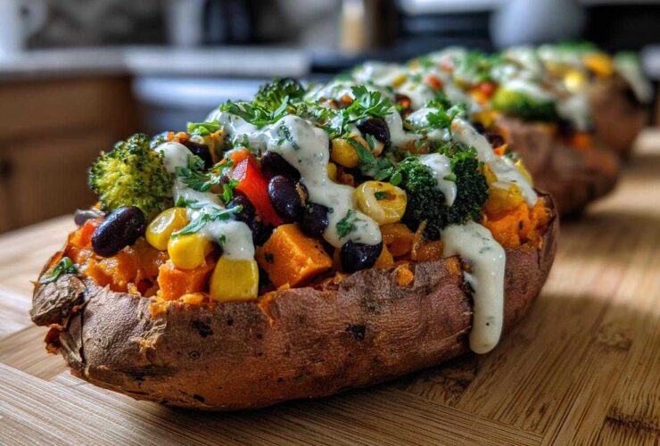 Close-up of a Loaded Veggie Stuffed Sweet Potato topped with corn, black beans, broccoli, and a creamy herb sauce.