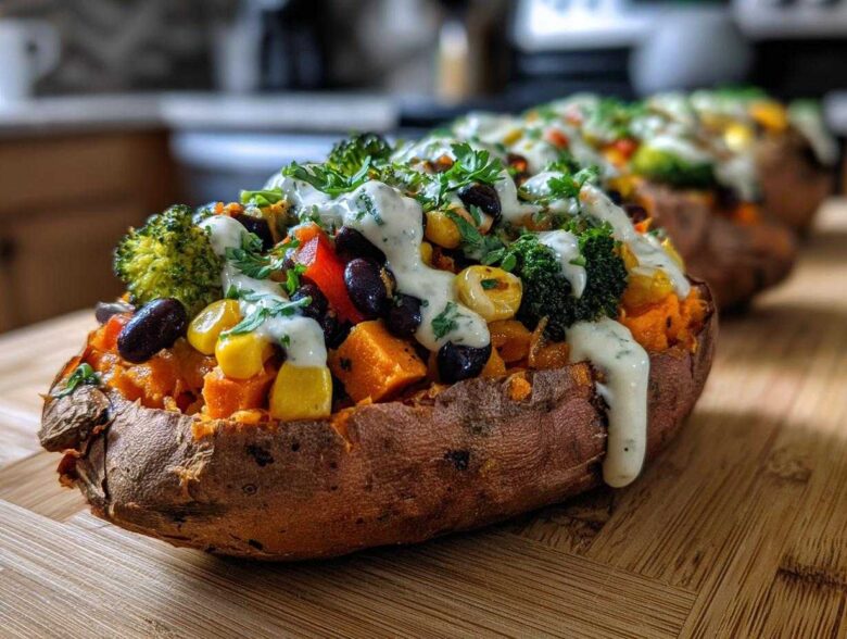 Close-up of a Loaded Veggie Stuffed Sweet Potato topped with corn, black beans, broccoli, and a creamy herb sauce.
