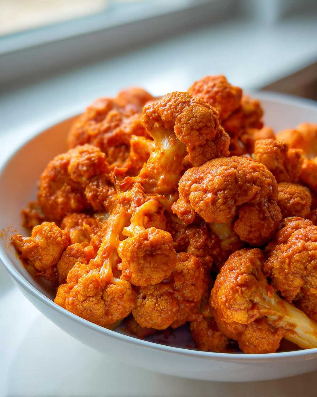 Close-up of cauliflower florets coated in bright orange marinade for Vegan Cauliflower Tikka Masala.