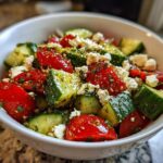 Close-up of a bowl featuring Mediterranean Cucumber Tomato Salad with chunks of cucumber, red tomato, and crumbled feta cheese.