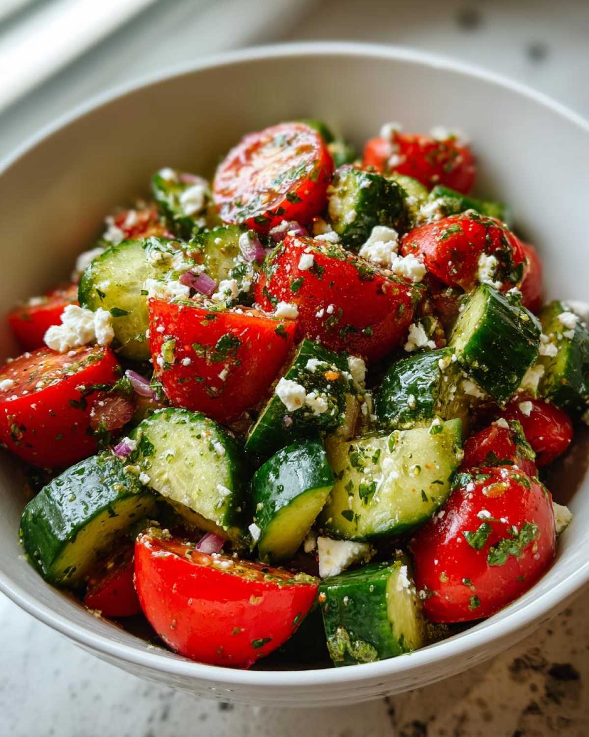Close-up of a bowl filled with Mediterranean Cucumber Tomato Salad featuring chopped tomatoes, cucumbers, feta, and herbs.
